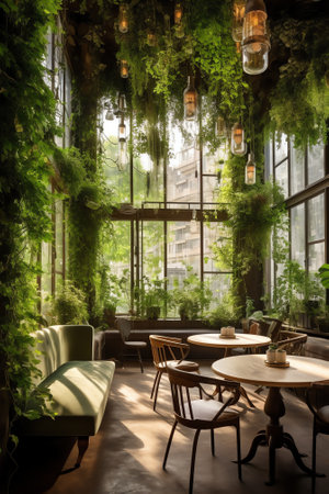 Generative AI : Modern light bulb in ecofriendly bistro Decorative lightbulbs and fresh green foliage are seen hanging from wooden beams inside an environmentally friendly restauraの素材