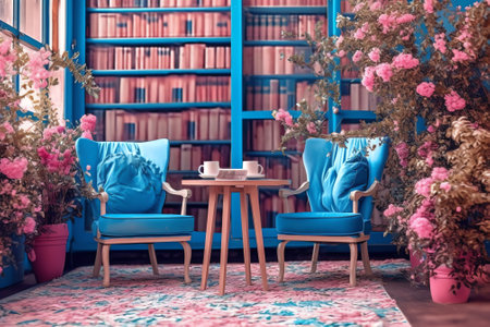 Generative AI : Beautiful pink interior in blue cafeの素材