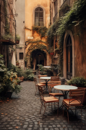 Generative AI : Cafe tables and chairs outside a quaint stone building in Tuscany Italyの素材