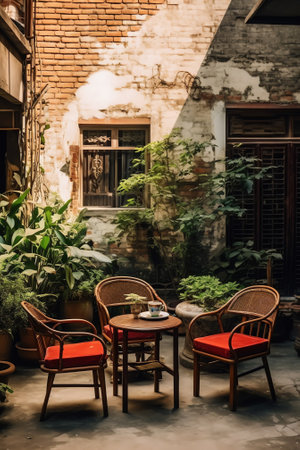 Generative AI : Chairs on tiled stone floor in the outside gardenの素材