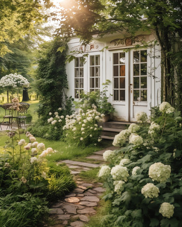 Generative AI : Small white house and garden viewの素材
