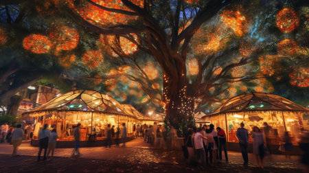 Generative AI : Blur image of outdoor park restaurant with light up decoration on trees at nightの素材