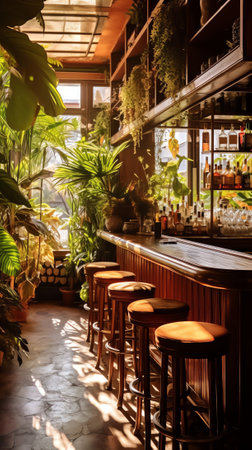 Generative AI : Long wooden bar counter with bar stools and green plants in cafe interior copy spaceの素材