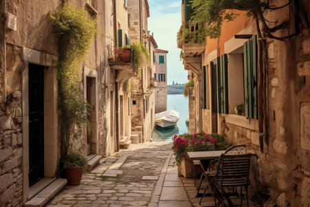 Generative AI : Street cafe in old town Rovinj istria Croatiaの素材