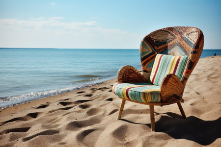 Generative AI : Beach cafe chair with blurred sea background Summer vacation travel holidays concept Lonely empty white wicker seat on shore pavement in sunshine Seaside restaurantの素材