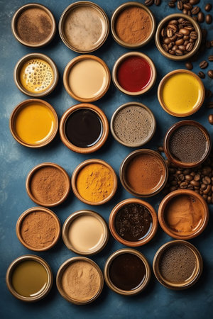 Generative AI : From above of red and blue ceramic cups of aromatic freshly brewed coffee served on table in cafeの素材