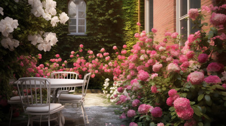 Generative AI : Blooming flowers with bistro cafe in summer sunny garden in theの素材