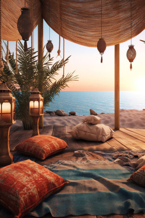 Generative AI : Arabic oriental cafe or hookah with trestle beds and colorful pillows on the sea coastの素材
