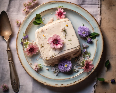 Generative AI : Breakfast in a cafe with coffee ice cream cake and flowersの素材