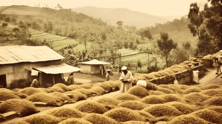 Generative AI : Coffee beans drying in the sun Coffee plantations at coffee farmの素材