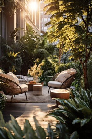 Generative AI : Outdoor cafe terrace on street close up black armchair wooden table potted plantsの素材