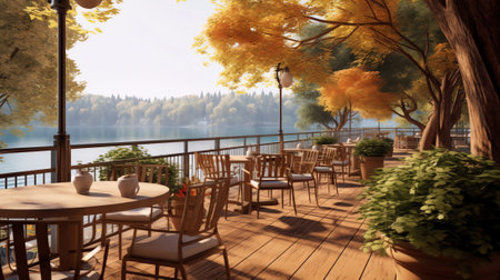 Generative AI : An outdoor restaurant with beautiful view on Lake Garda in Sirmione Italyの素材