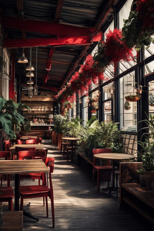 Generative AI : Red and white flowers in the pots on the tables in the street cafe on summer dayの素材