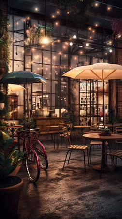 Generative AI : Cafe with outdoor patio in summerの素材