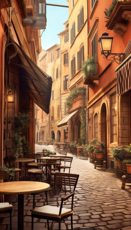 Generative AI : Old street with colorful facades and red tables of cafe at a sunny morning Venice Italyの素材