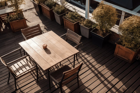 Generative AI : Close up of table and seats at terraceの素材