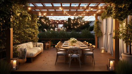 Generative AI : A newly built rustic outdoor dining area known as a veranda or deck with wooden benches tables and wooden walls The rustic restaurant balcony has an empty seating aの素材