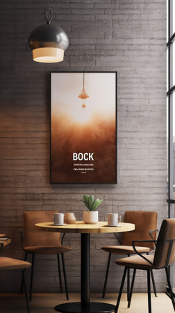 Generative AI : Mock up poster frame template in cafe table and seats interior advertising banner Vertical empty advertising poster mockup at the entrance of restaurantの素材