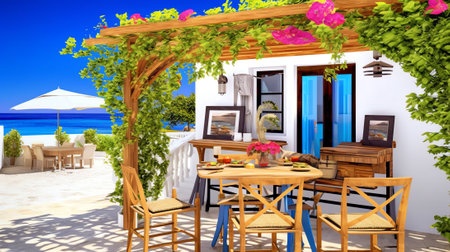 Generative AI : Chairs with tables in typical Greek tavern in Little Venice part of Mykonos town Mykonos island Greeceの素材