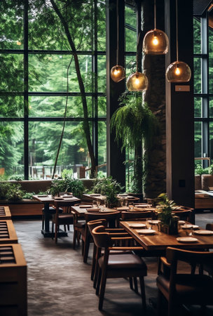 Generative AI : Modern light bulb in ecofriendly bistro Decorative lightbulbs and fresh green foliage are seen hanging from wooden beams inside an environmentally friendly restauraの素材