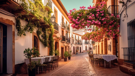 Generative AI : Old street with flowers in Madrid Spain Architecture and landmark of Madrid postcard of Madridの素材
