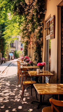 Generative AI : Bistro chair on the sidewalk outside a cafの素材