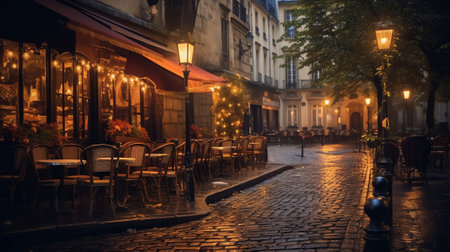 Generative AI : Old european town street cafe at nightの素材