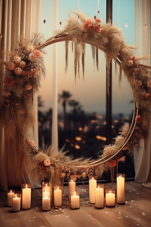 Generative AI : Romantic date in restaurant Luxury candlelight setup decor for couple on Valentines day Location with arch wall photo zone decoration flowers decor with candles forの素材