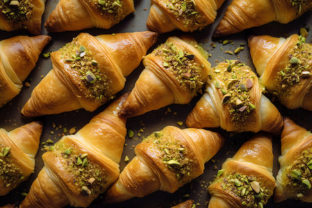 Generative AI : Close up tray of raw Matcha green tea croissant doughの素材