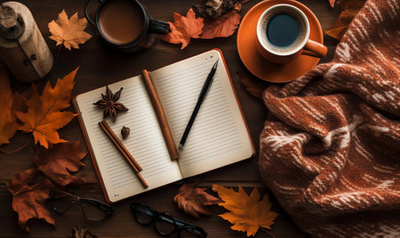 Generative AI : Flat lay composition autumn and winter photography Cup of coffee gray woolen gloves purple knitted scarf yellow dry leaf and pine cone Top view photo cafe tableの素材