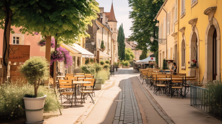 Generative AI : Cafe terrace in small European city on sunny summer dayの素材
