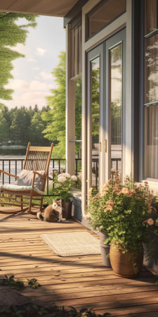 Generative AI : Decor home outdoor of summer yard Exterior Wooden porch home with garden furniture Facade green wooden house decorated for spring holidays Interior cozy veranda houの素材