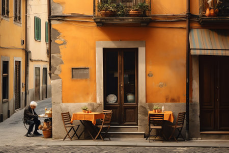 Generative AI : Early Morning Cappuccino at Sunrise along Traditional Italian Street in Rome Italyの素材