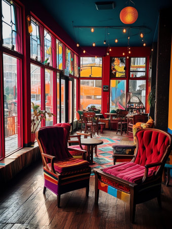 Generative AI : Glowing interior in a loft style in a mexican restaurant with open kitchen on the background In front of the kitchen there are wooden tables with multicolored chairの素材
