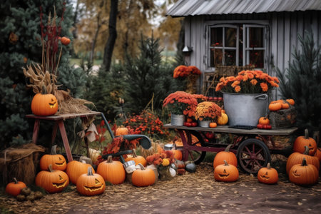 Generative AI : Halloween pumpkins decorations outdoor near the cafe Beautiful autumn decor with romantic wooden table and chairsの素材