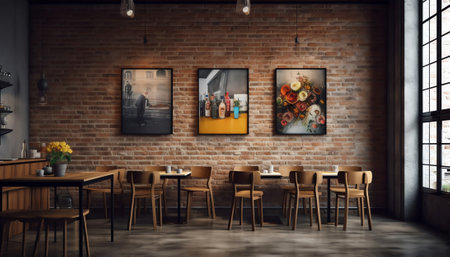 Generative AI : An empty bar with raw brick walls and white wooden high top tables with matching stoolsの素材