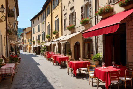 Generative AI : Old street with colorful facades and red tables of cafe at a sunny morning Venice Italyの素材