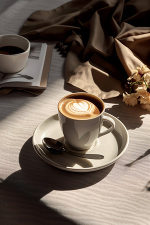 Generative AI : Coffee cup cappuccino and newspaper with heart in foam on a table with no people in a restaurant Cafe drink love writing and foamy beverage art with milk in a latteの素材