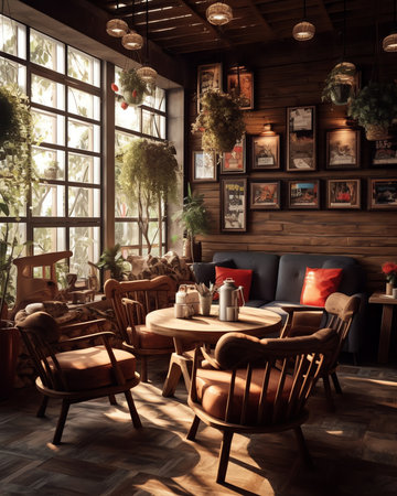 Generative AI : Cafe interior with warm atmosphereの素材