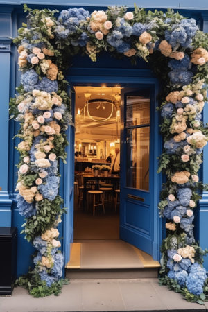 Generative AI : A neat and nicely decorated entrance of a still closed cafe On the boards are noted the prices for special drinksの素材