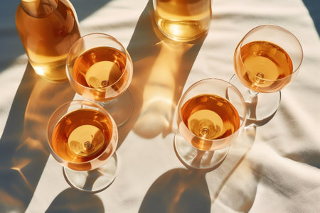 Generative AI : Overhead view of wine glass and water on a marble cafe table in the sunの素材