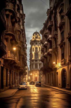 Generative AI : Pedestrian street of European city at night Sant Adria de Besos Barcelonaの素材