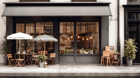 Generative AI : Shop front shopping empty Independent shops and restaurants terrace mockupの素材