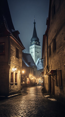 Generative AI : Parnu Estonia Night View Of Street With Old Buildings Wooden Houses Restaurants Cafe Hotels And Shops In Winter Evening Night Illuminations Altered starry night skyの素材
