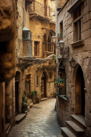 Generative AI : Narrow streets with shops and cafes old town Tarragona Costa Dorの素材