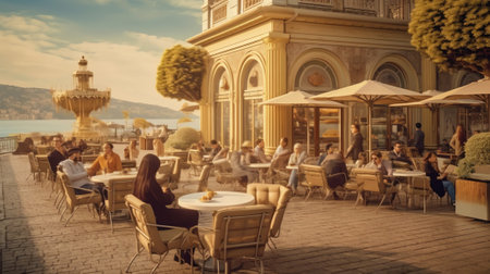 Generative AI : Street cafe in blue tones empty tables in Istanbulの素材