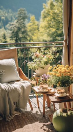 Generative AI : Small table book and flowers on a beautiful terrace or balconyの素材