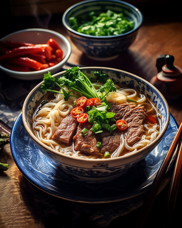 Generative AI : Closeup bowl of delectable Asian noodle soup with pork ribs placed on cafe tableの素材