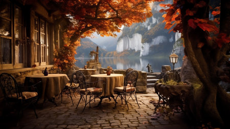 Generative AI : Autumn scene on lake promenade orange leafed trees and empty cafe tables and chairs covered with fallen leaves during offseason in Octoberの素材