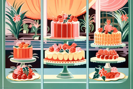 Generative AI : Cakes on display in patisserie shop windowの素材